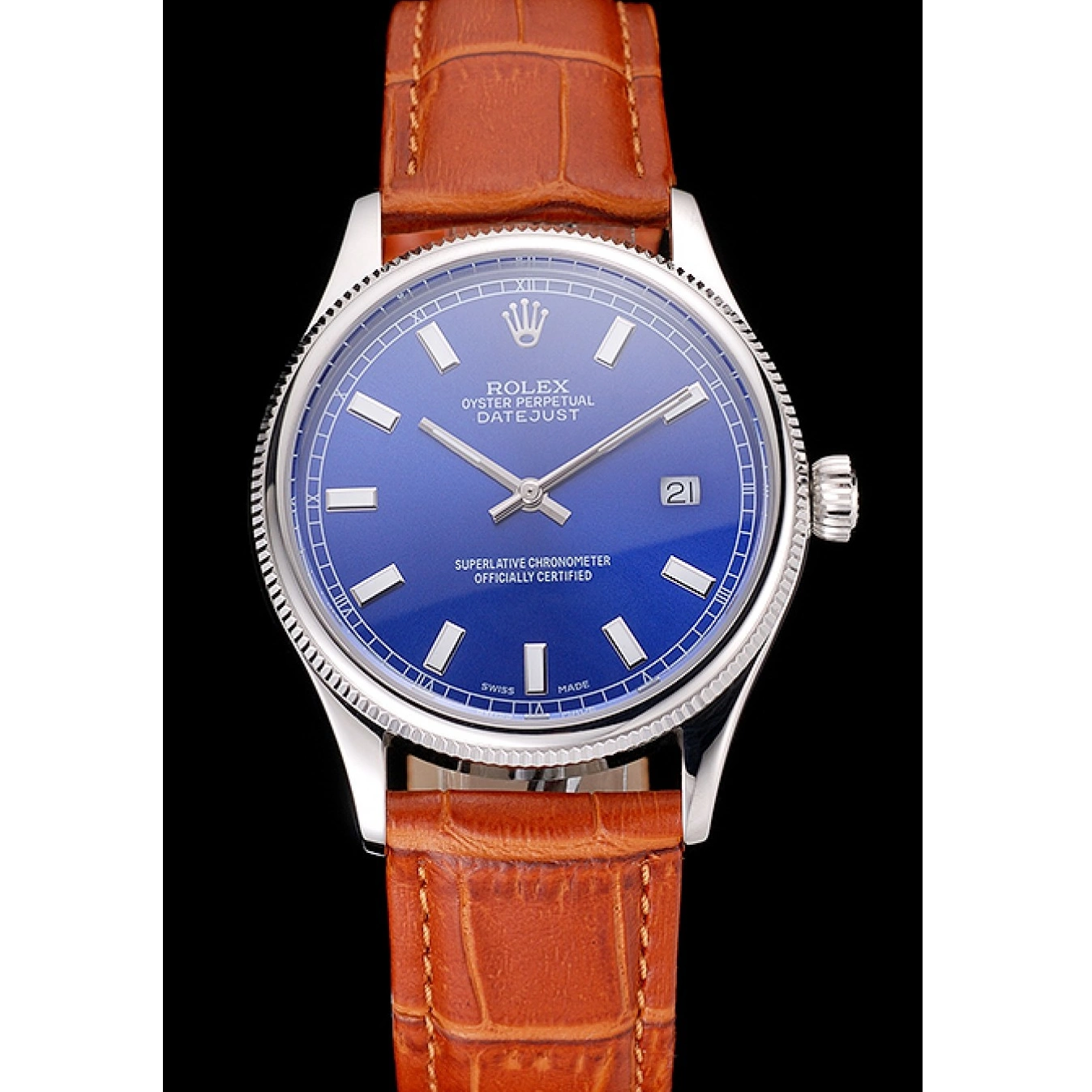 Best AAA Replica Sites Stainless Leather Swiss Case Rolex Steel Dial Blue Light Strap Brown Datejust 0701